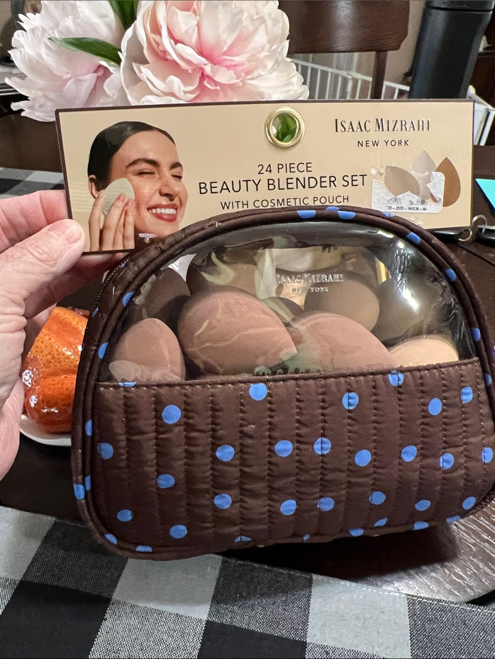 New Isaac Mizrahi Brown Cosmetic Pouch with Blue Polka Dots and Clear Window
